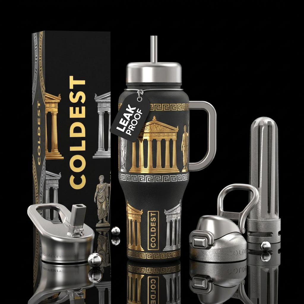 Ancient Greek temples with gold and silver accents water bottle design