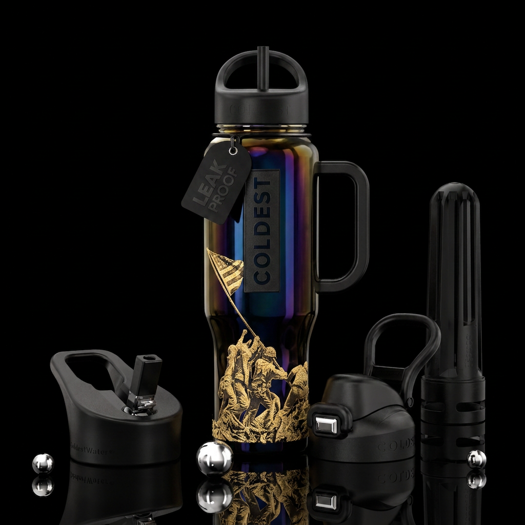 Raising the flag in iwojima in gold foil on black ... water bottle design