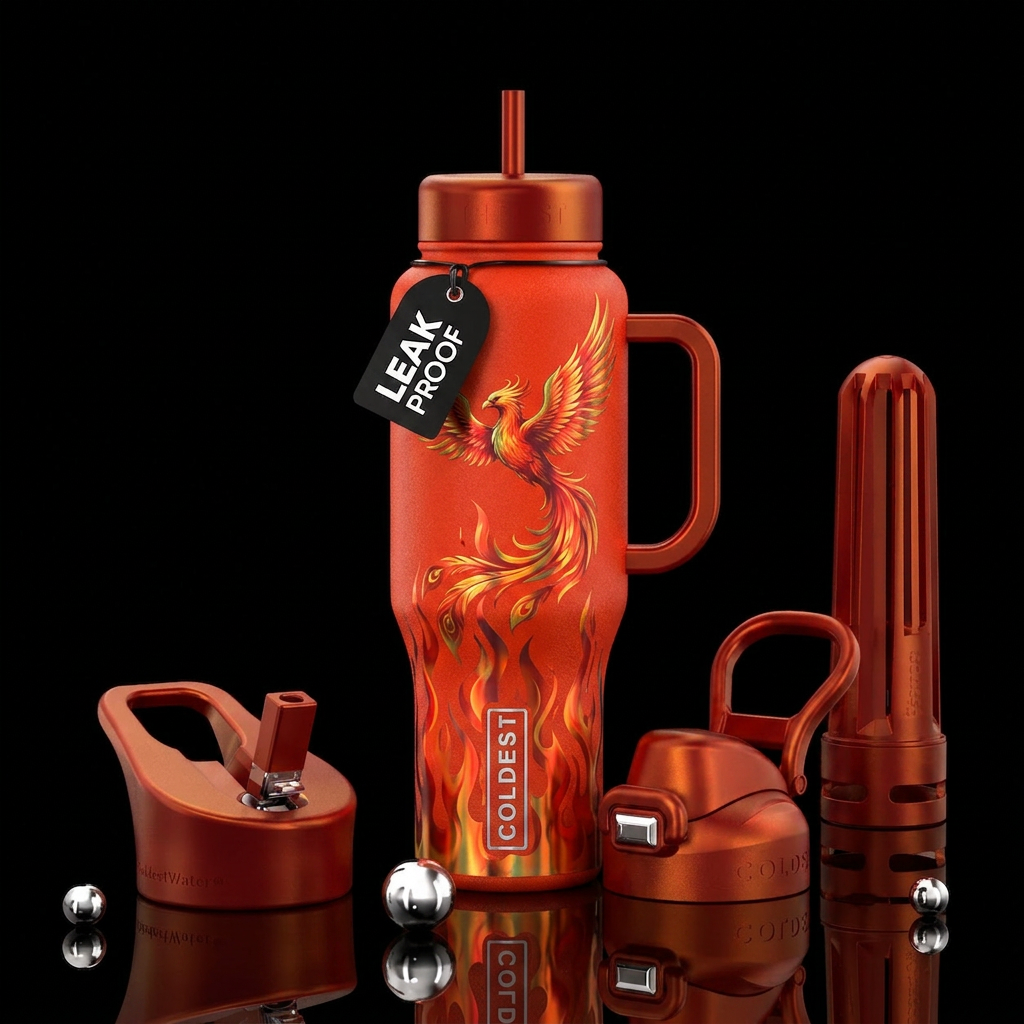 Red orange gold holographic flames on bottom with ... water bottle design