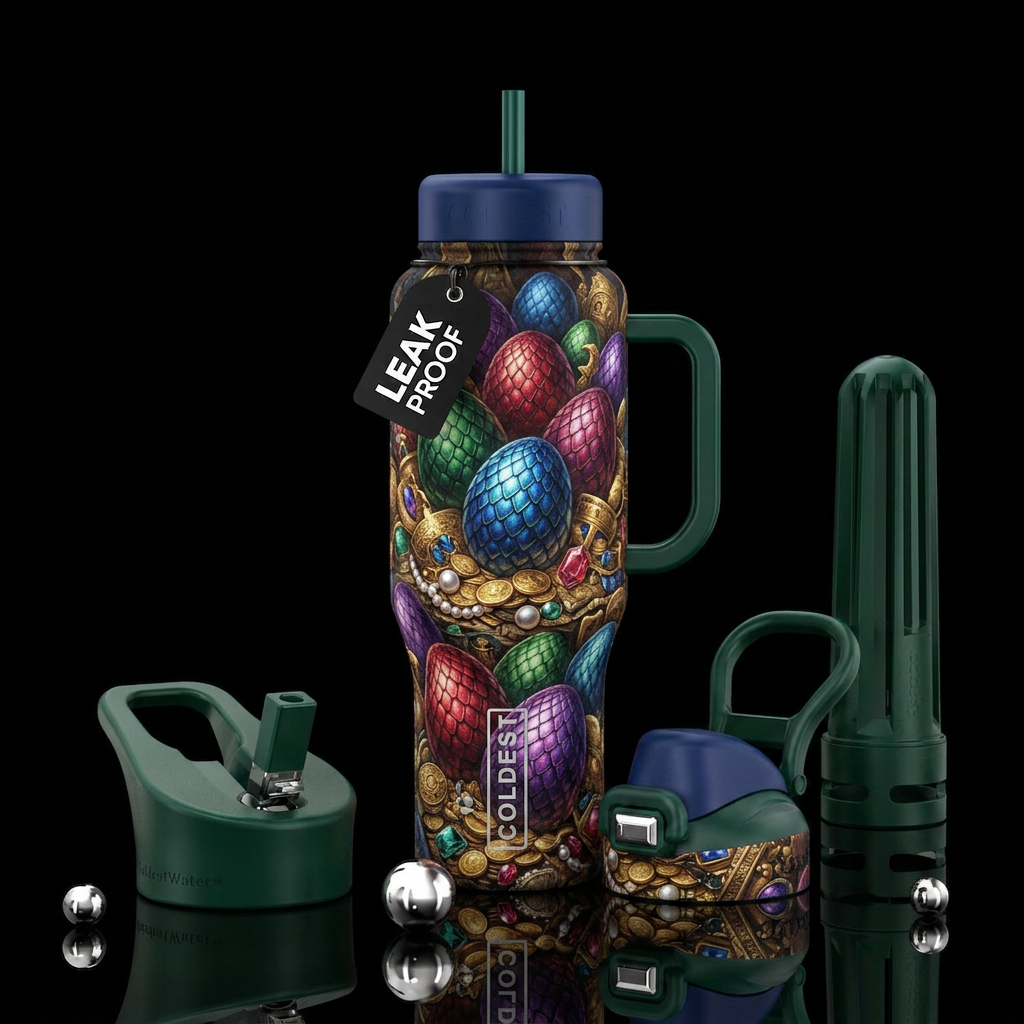 Royal jewel colored dragon eggs in nest of treasur... water bottle design