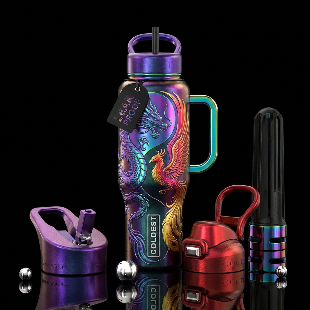 yin yang Iridescent dragon in purple blue green an... water bottle design