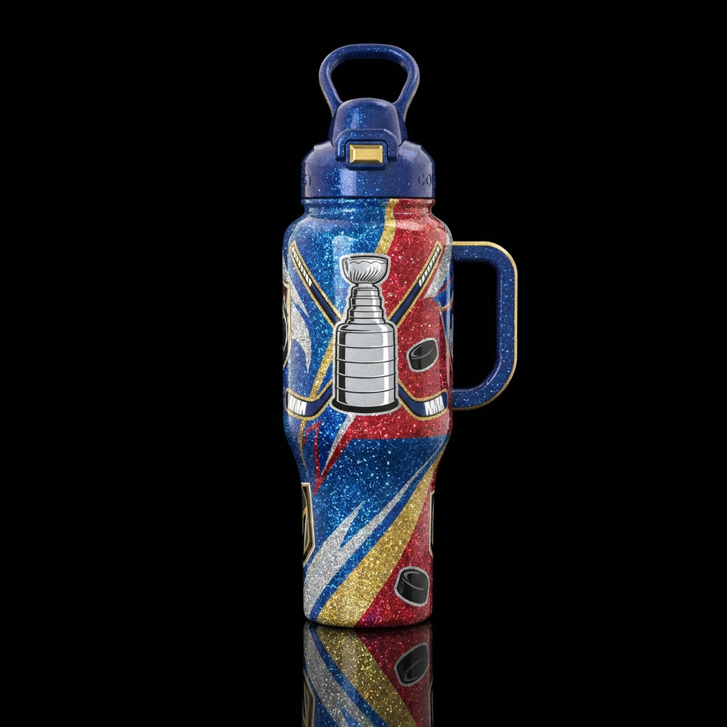 Sparkly Hockey Stanley Cup water bottle design