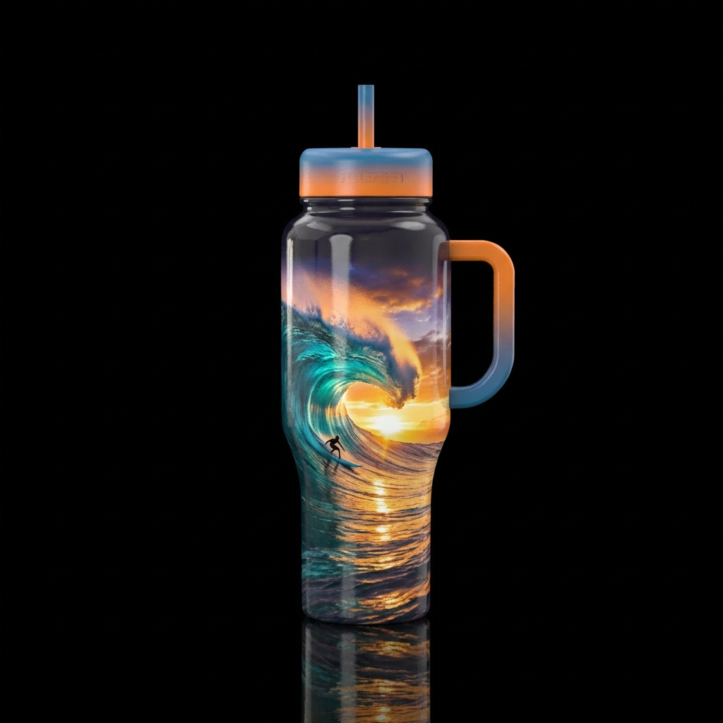 Surfing Big Waves Sunrise water bottle design