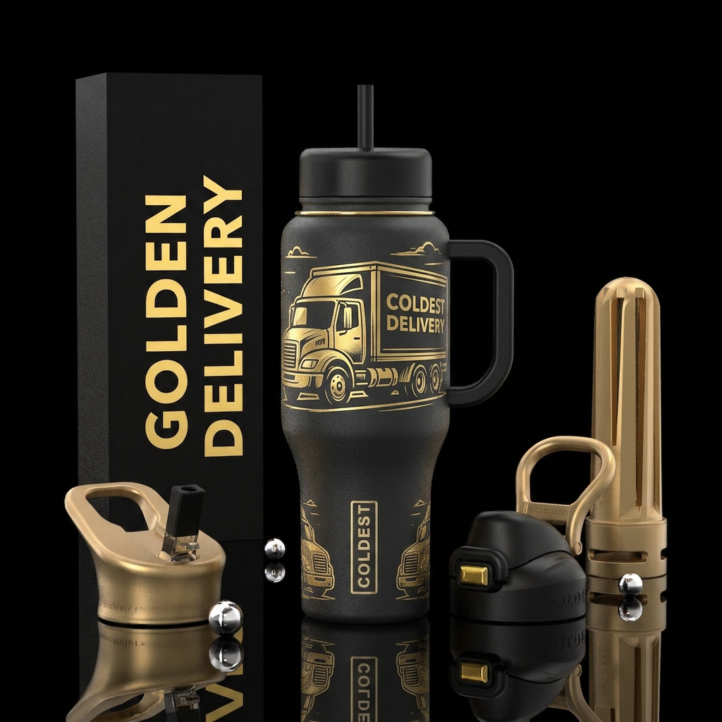 Golden Coldest Delivery Truck water bottle design