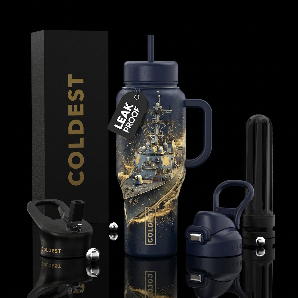 Gold Dusted US Navy Warship water bottle design