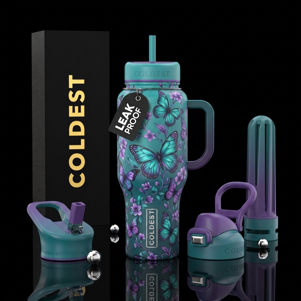 Teal and Purple Butterflies and Flowers water bottle design