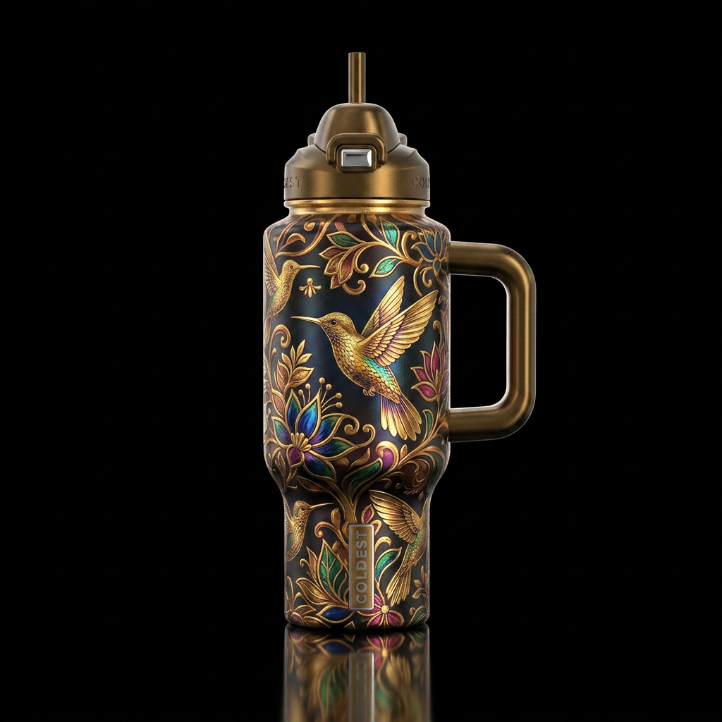 The Golden Hummingbird water bottle design