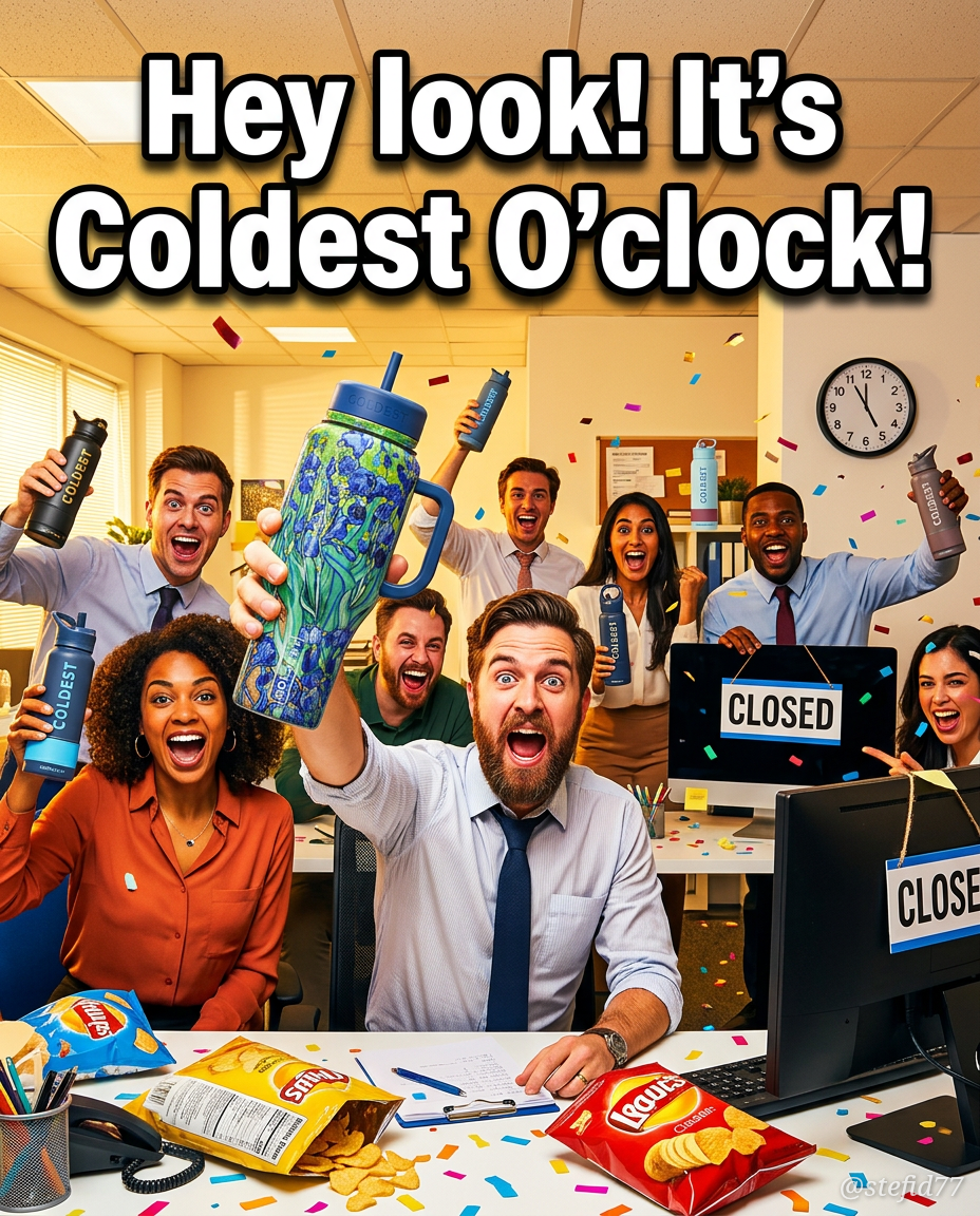 Office people cheering for 5:00 with Coldest Bottl... water bottle design