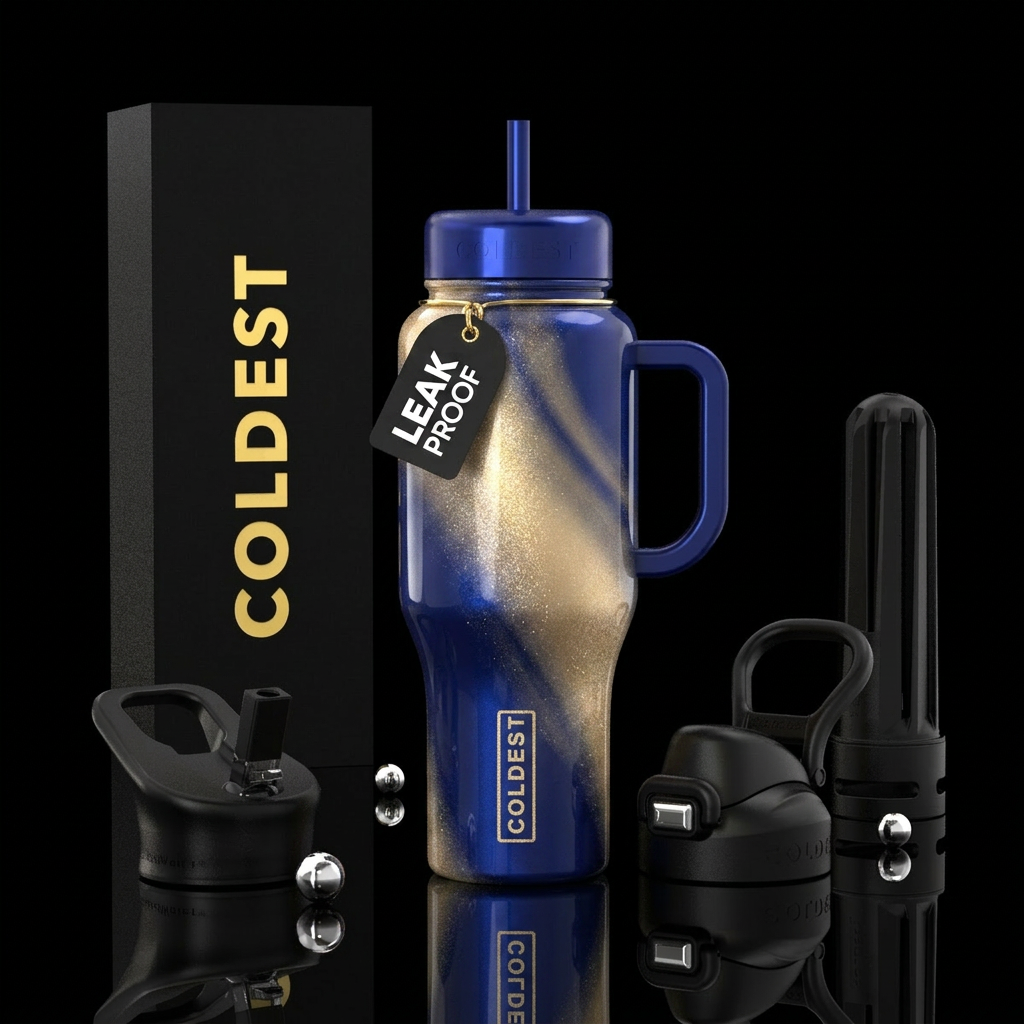 Blue and Gold Champagne water bottle design