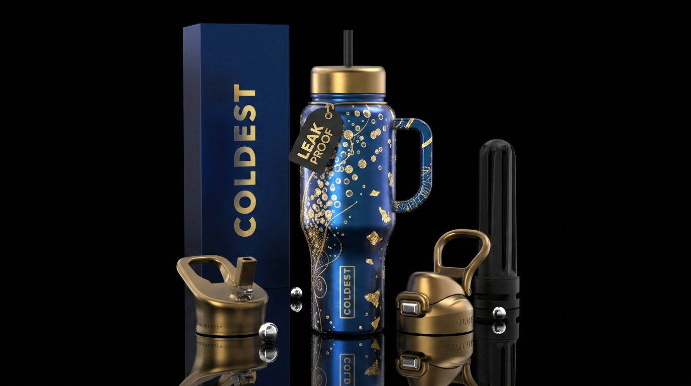 Blue and Gold Champagne water bottle design