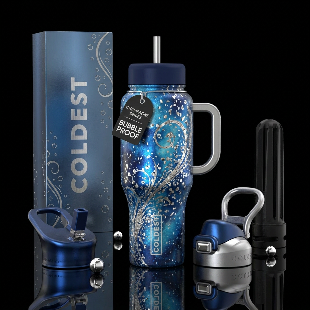 Blue and Silver Champagne water bottle design