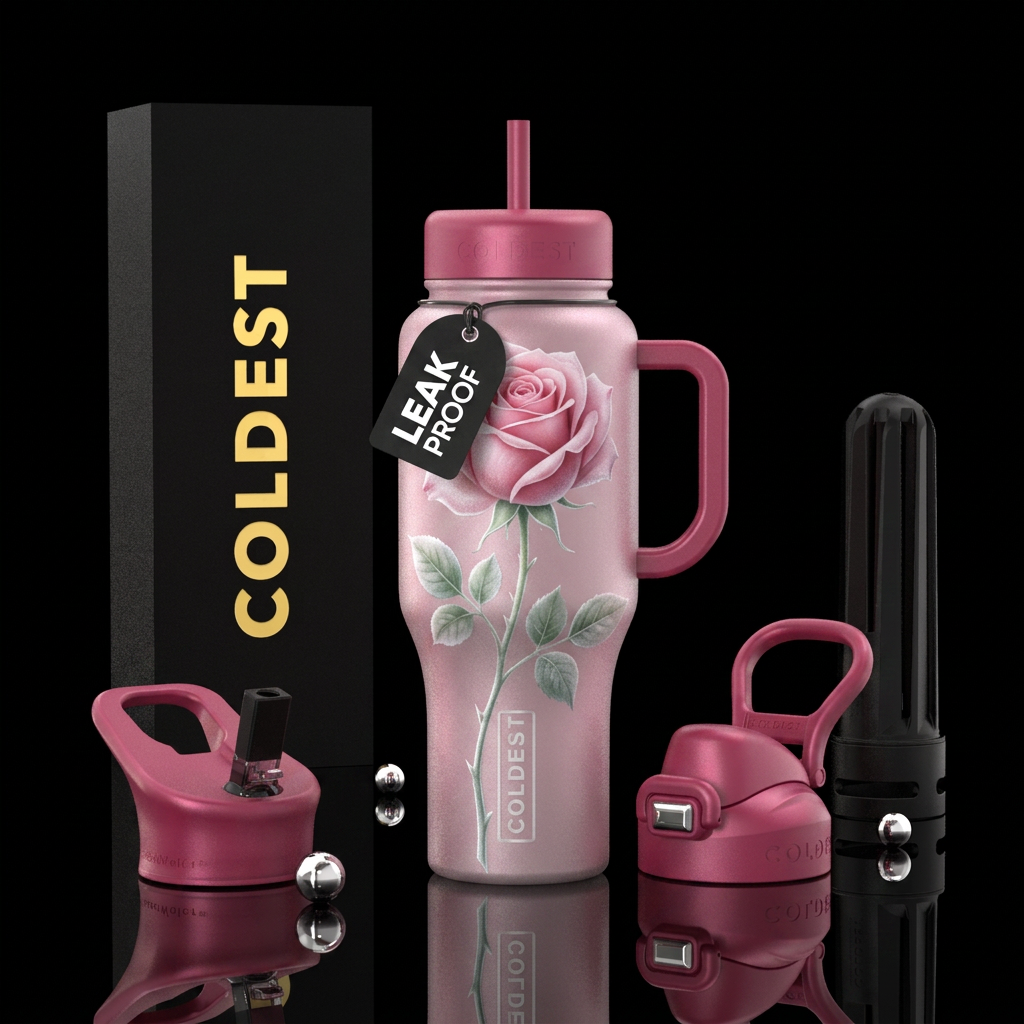 Frosted Long Stem Pink Rose water bottle design