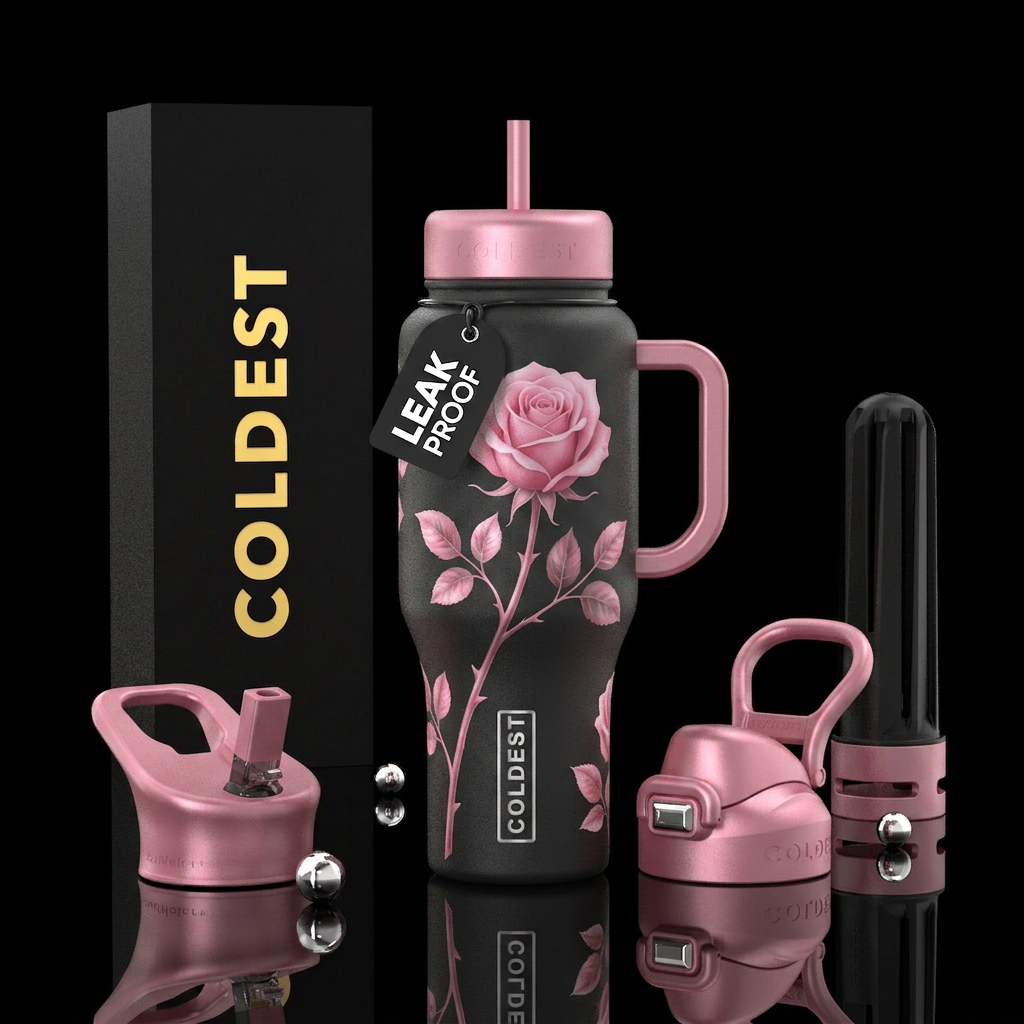 Frosted Long Stem Pink Rose water bottle design