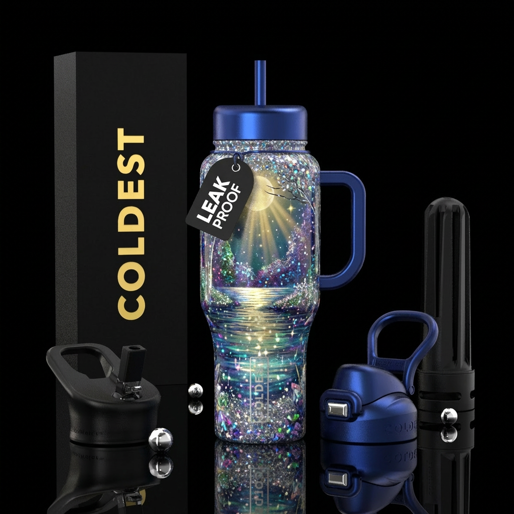 Crystal glittery lake in Woods at moonlight water bottle design