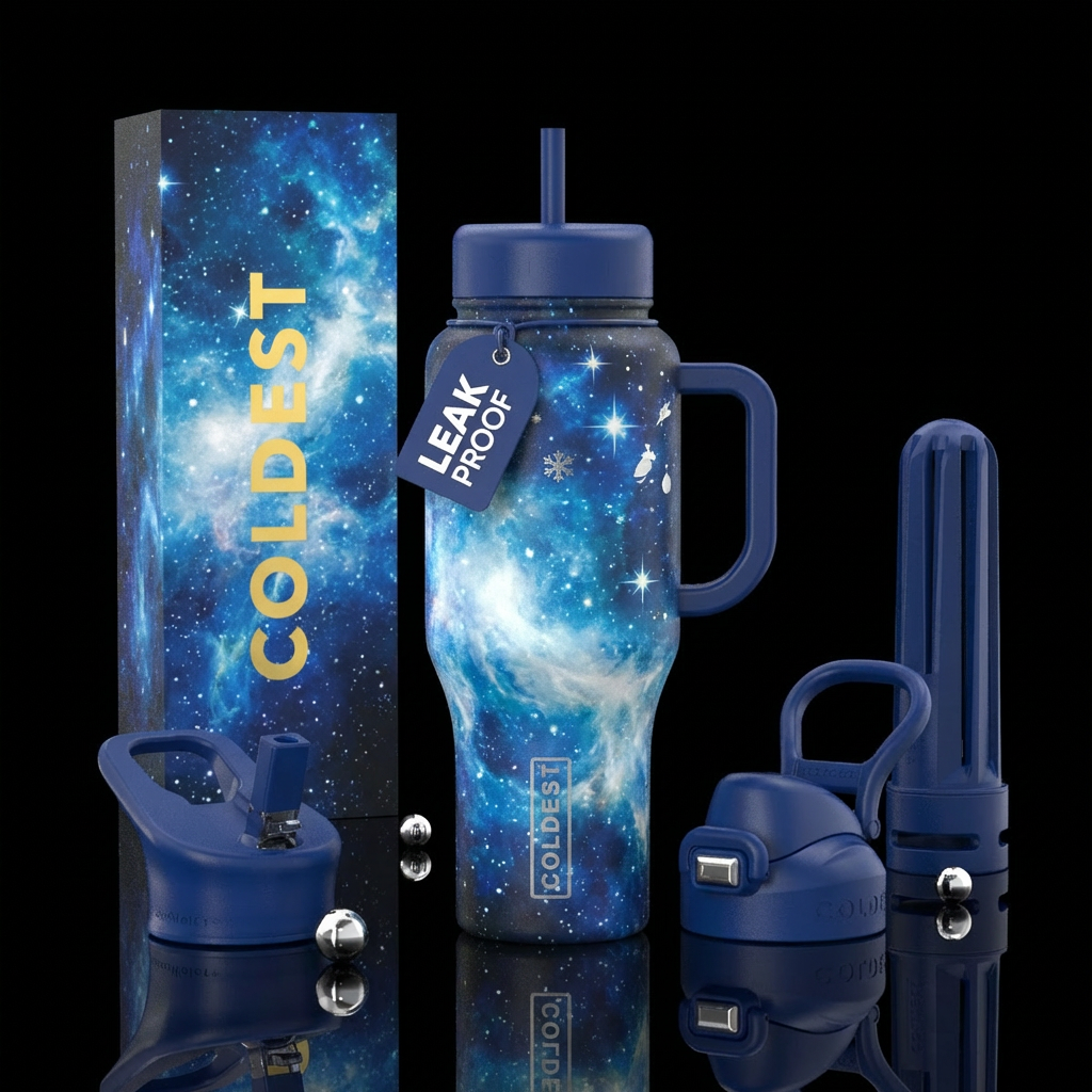 Blue, white, nebula Christmas water bottle design