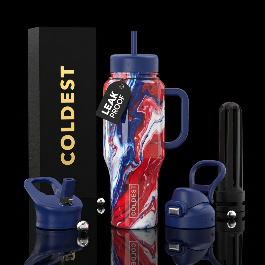 Red, white, blue marble luna water bottle design