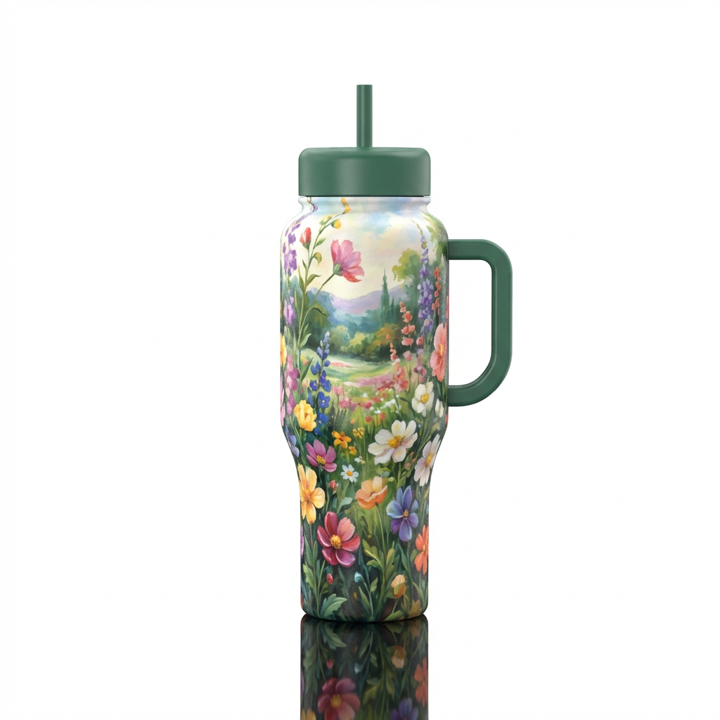 Floral landscape water bottle design