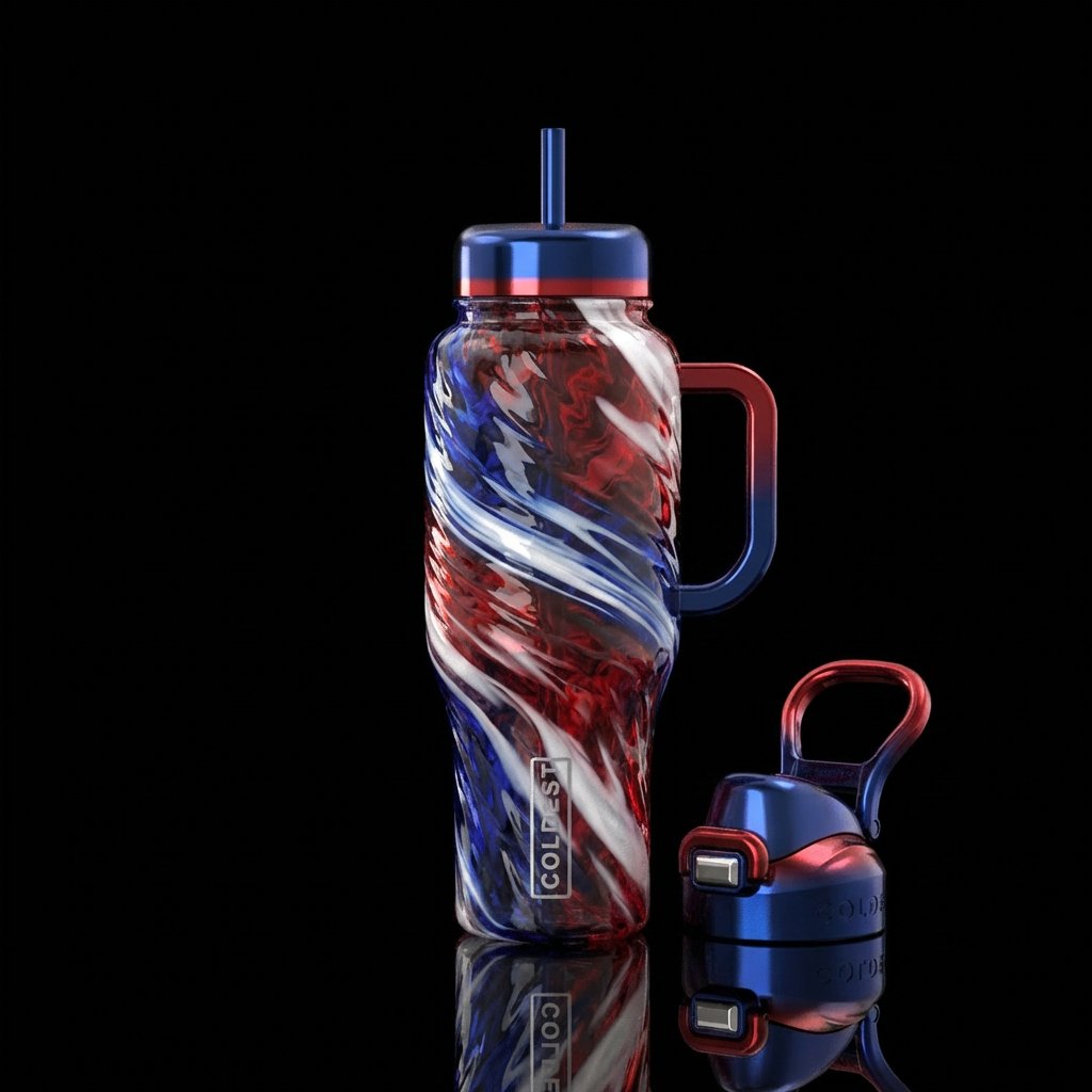 patriotic, glass blowing water bottle design