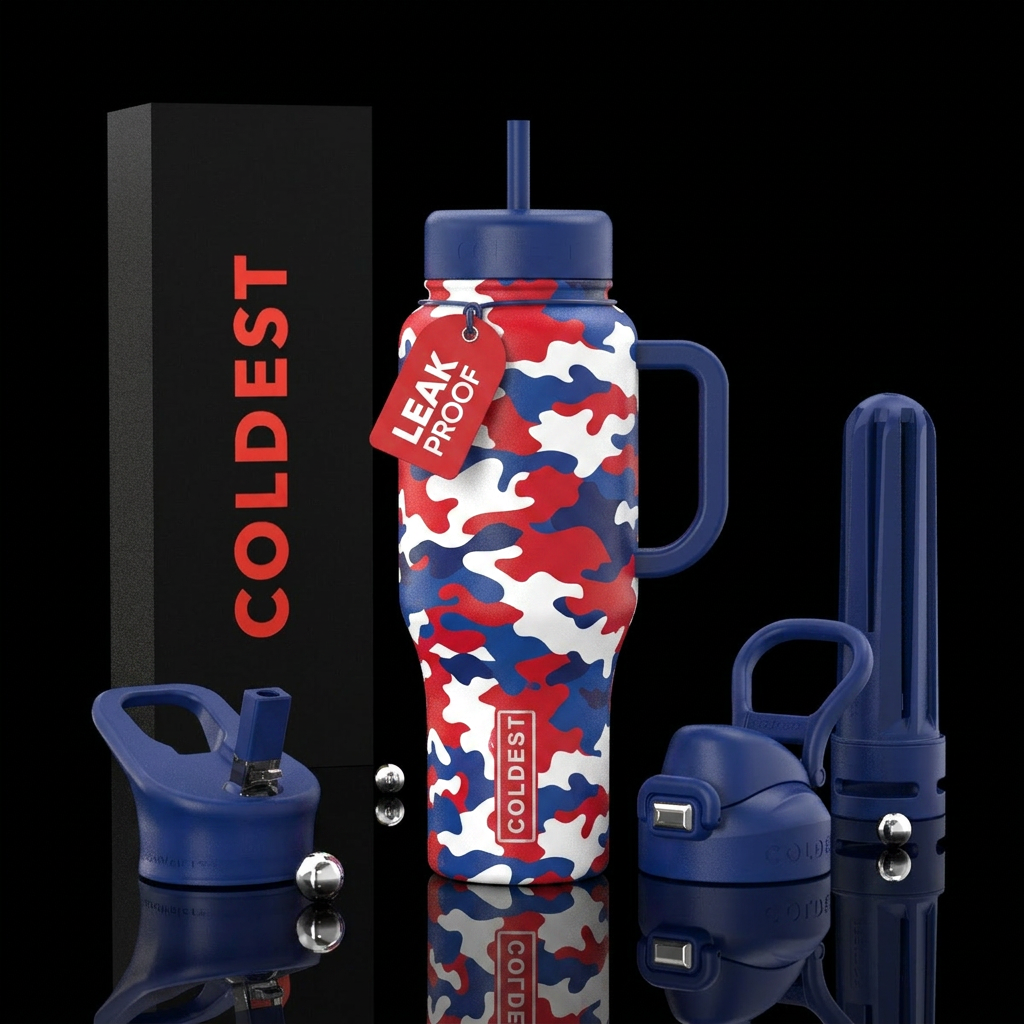 Red, white, blue camouflage water bottle design