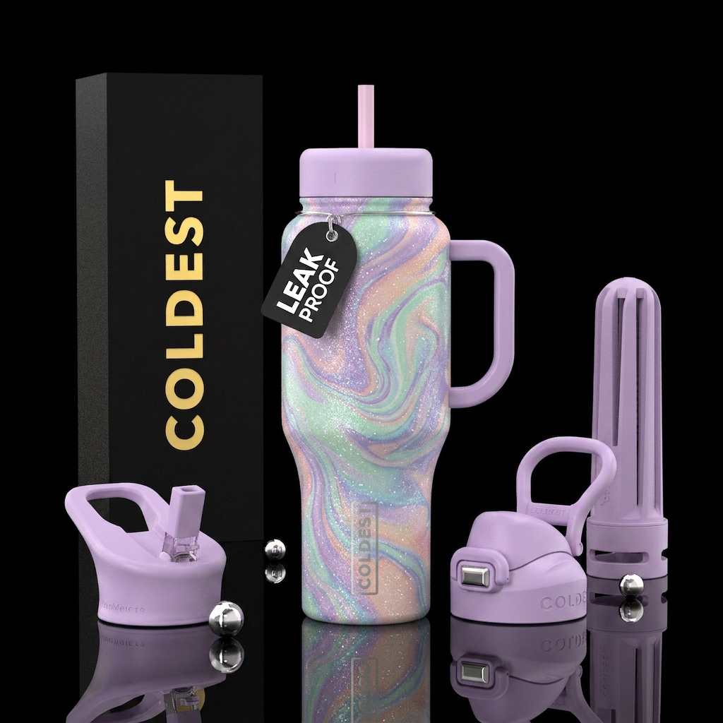 Swirled Pastel glittery marble water bottle design