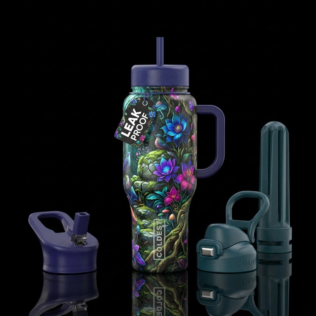 A hidden garden, mysterious, yet whimsical water bottle design