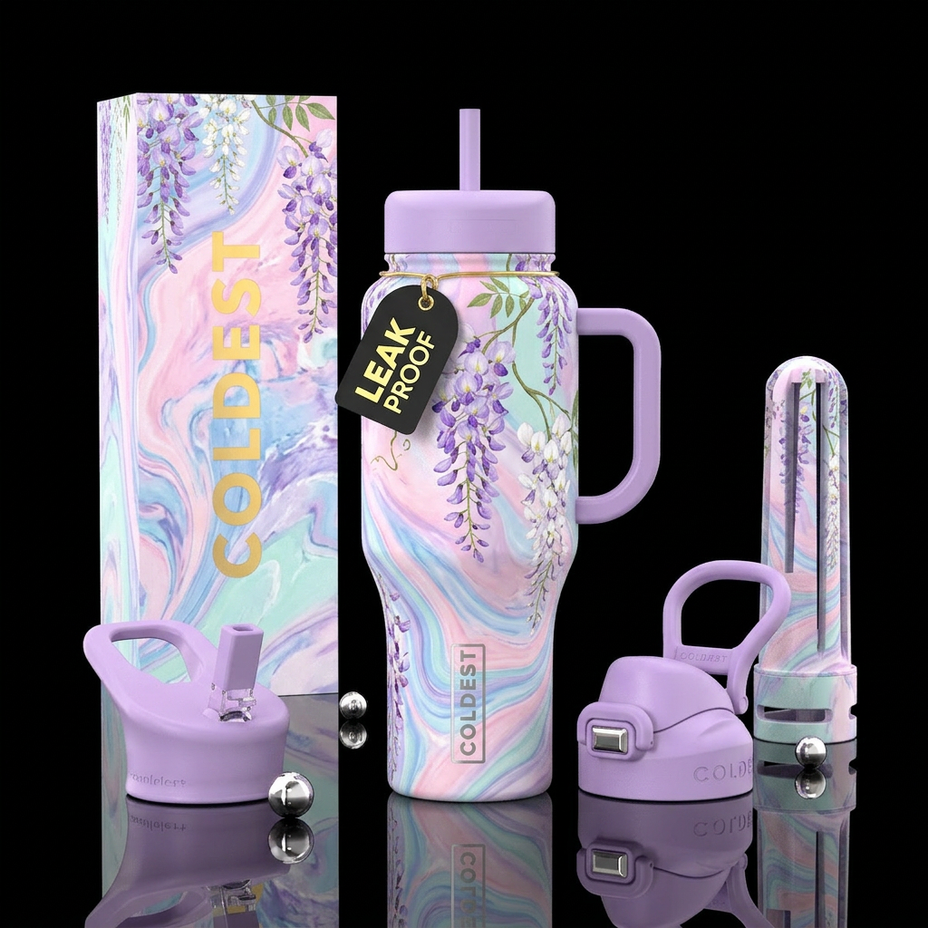 Pastel marbling with wisteria florals water bottle design
