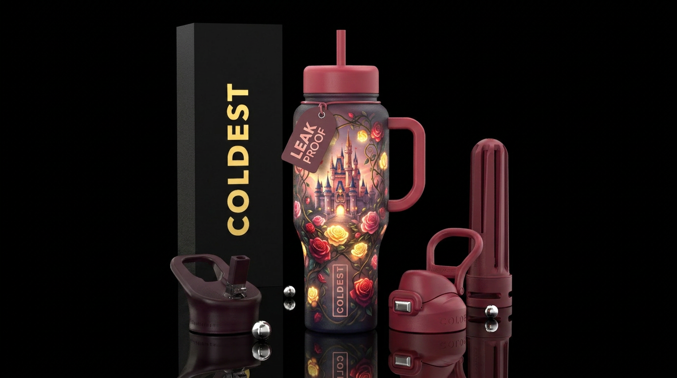 Glowing roses around the castle water bottle design