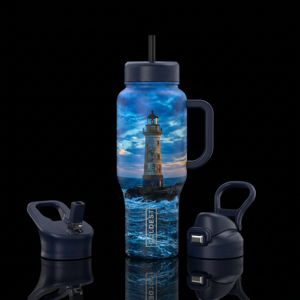 Lonely lighthouse off the coast water bottle design