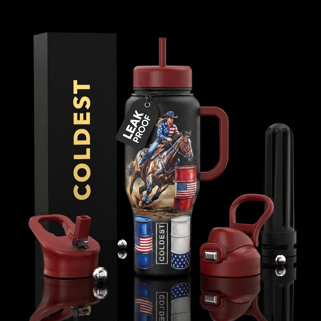 A patriotic barrel race water bottle design