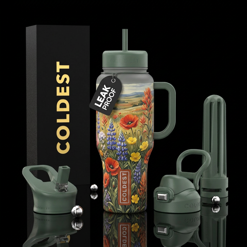 Old time open field of wildflowers in the old west water bottle design