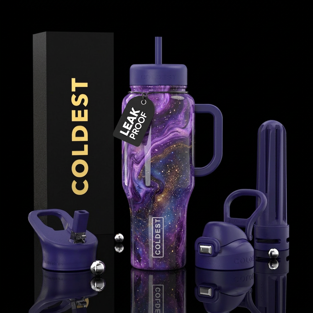 Purple marble sparkling nebula water bottle design