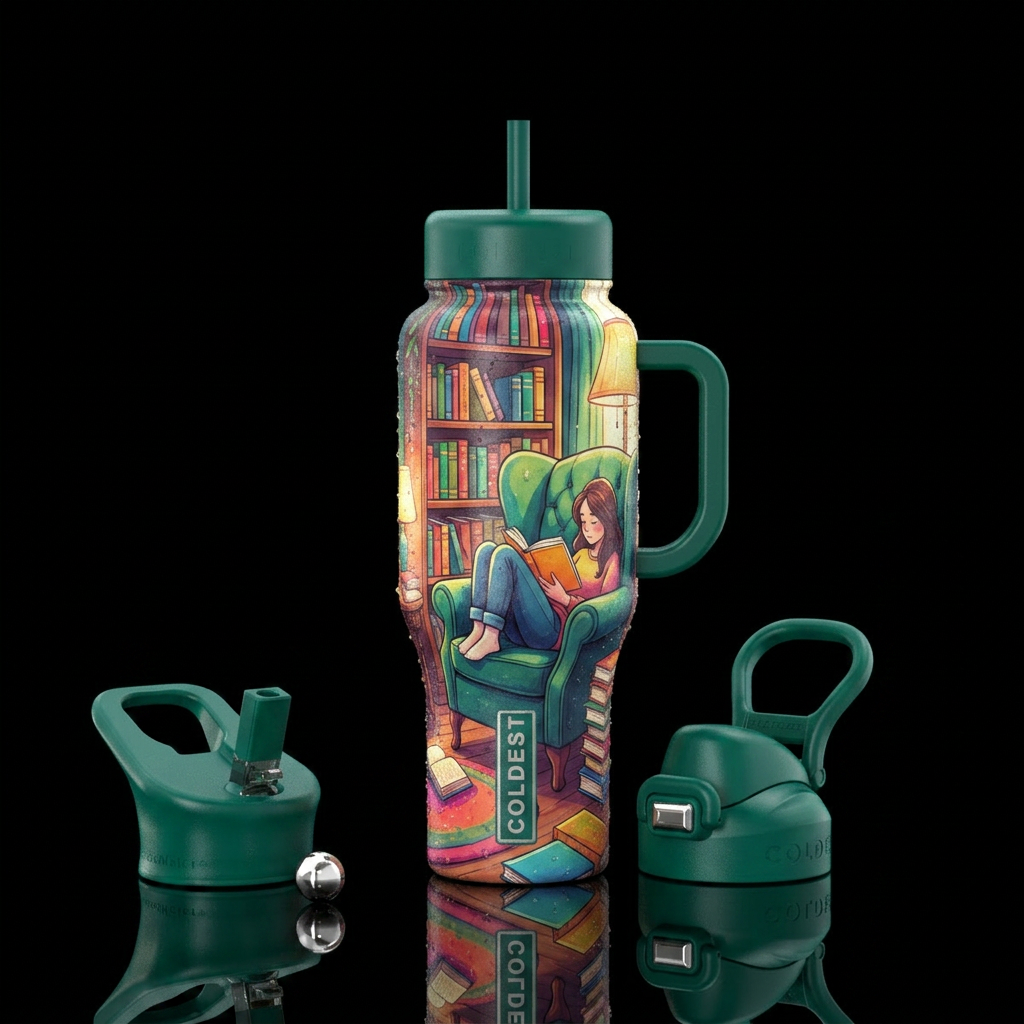 Reading in the library tucked in a corner water bottle design