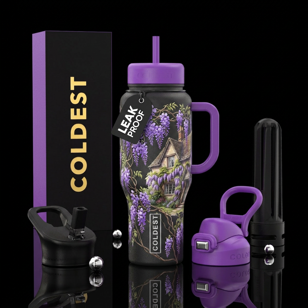 Wisteria climbing up the side of a cottage in  the... water bottle design