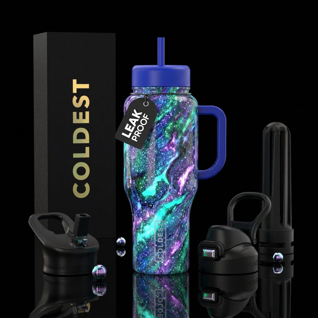 Sparkling marble with glow in the dark highlights water bottle design