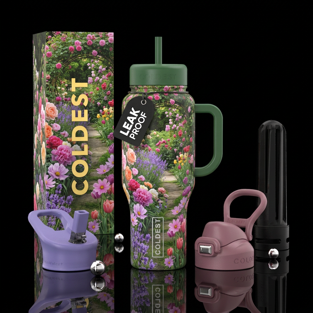 A garden path of a wide variety of flowers water bottle design
