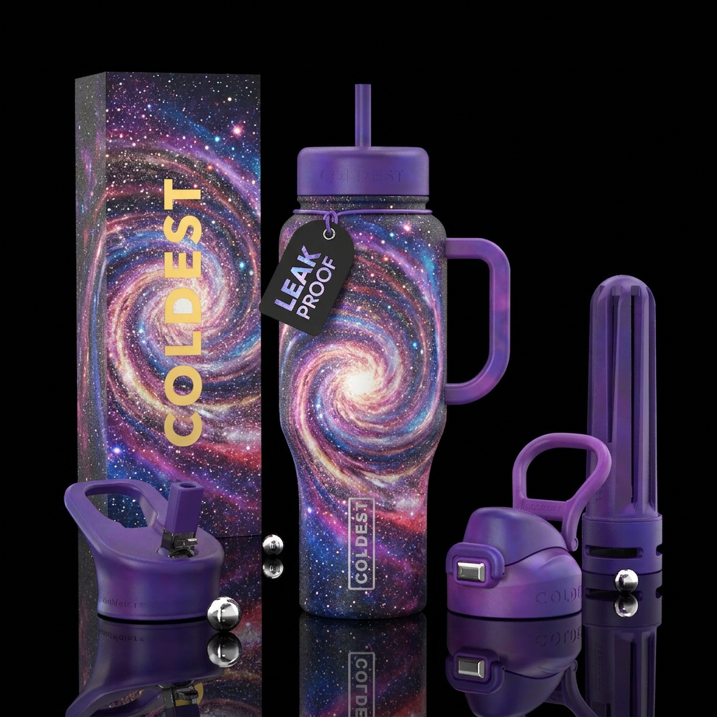Spiraling, glittery, glory, marbled nebula water bottle design