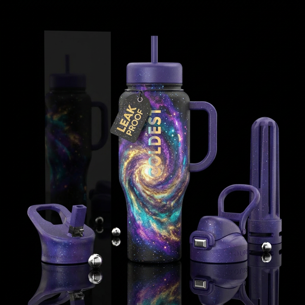 Spiraling, glittery, glowing nebula water bottle design