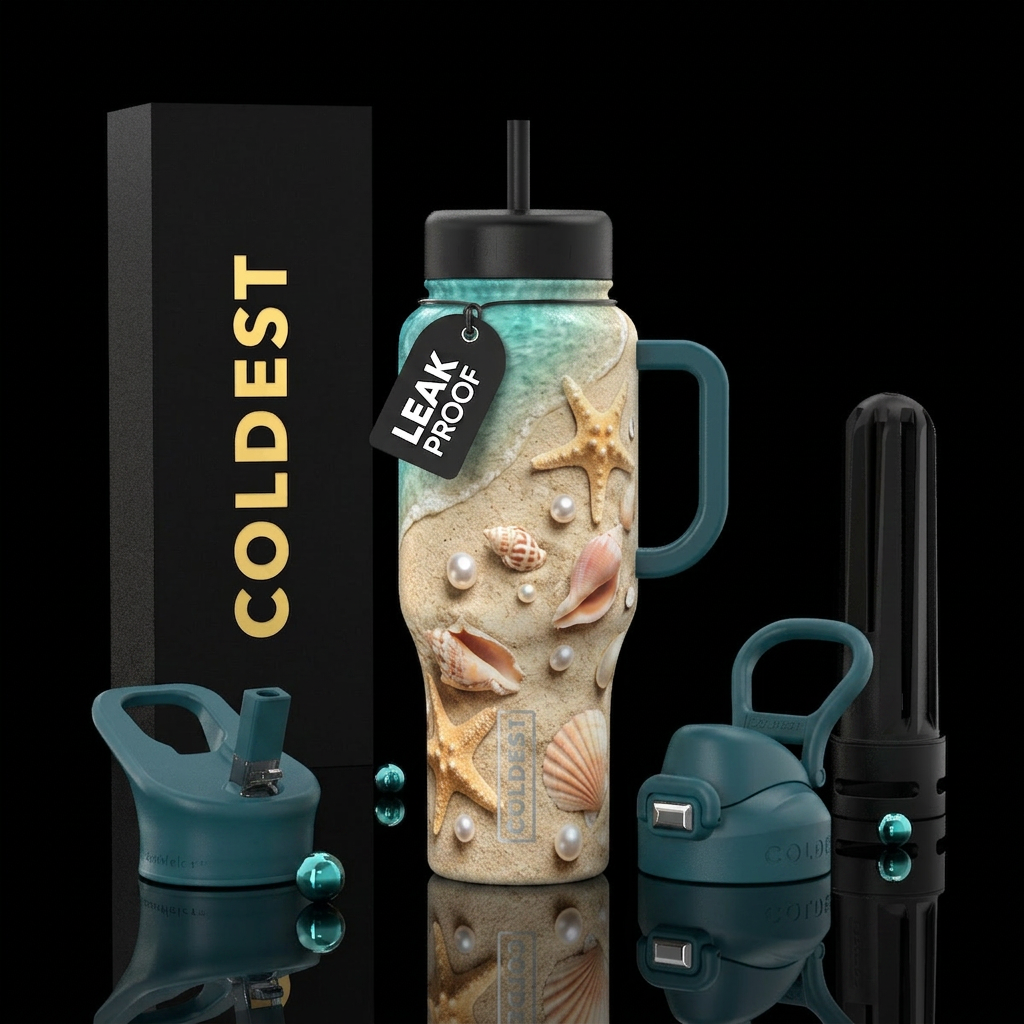 A beach with starfish, pearls, and shells along a ... water bottle design