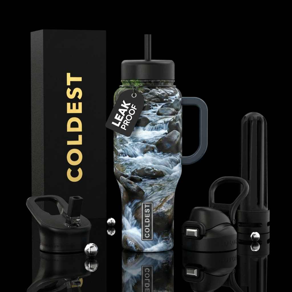 A rushing creek babbling over rocks water bottle design