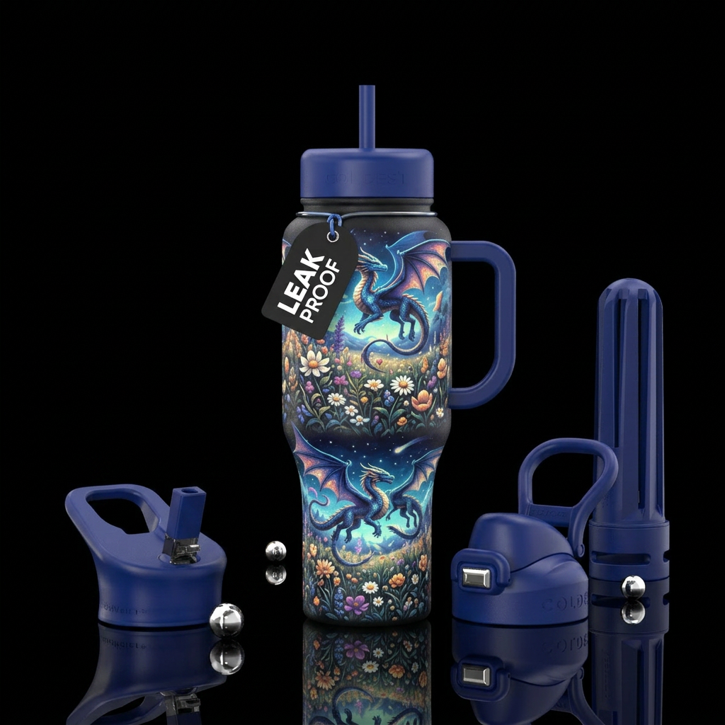 Glowy dragons in a evening field of flowers water bottle design