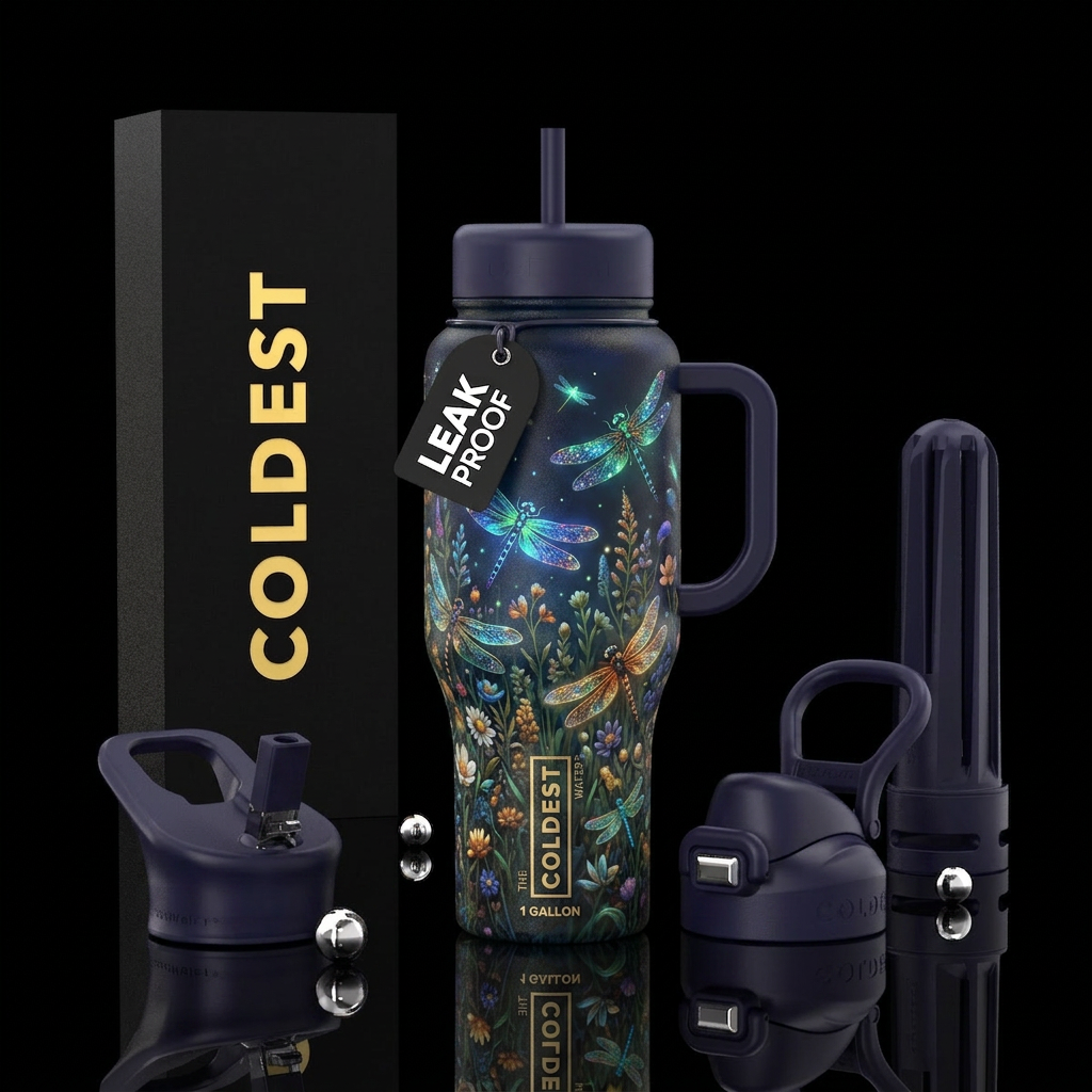 Glowy dragonflies in a evening field of flowers water bottle design