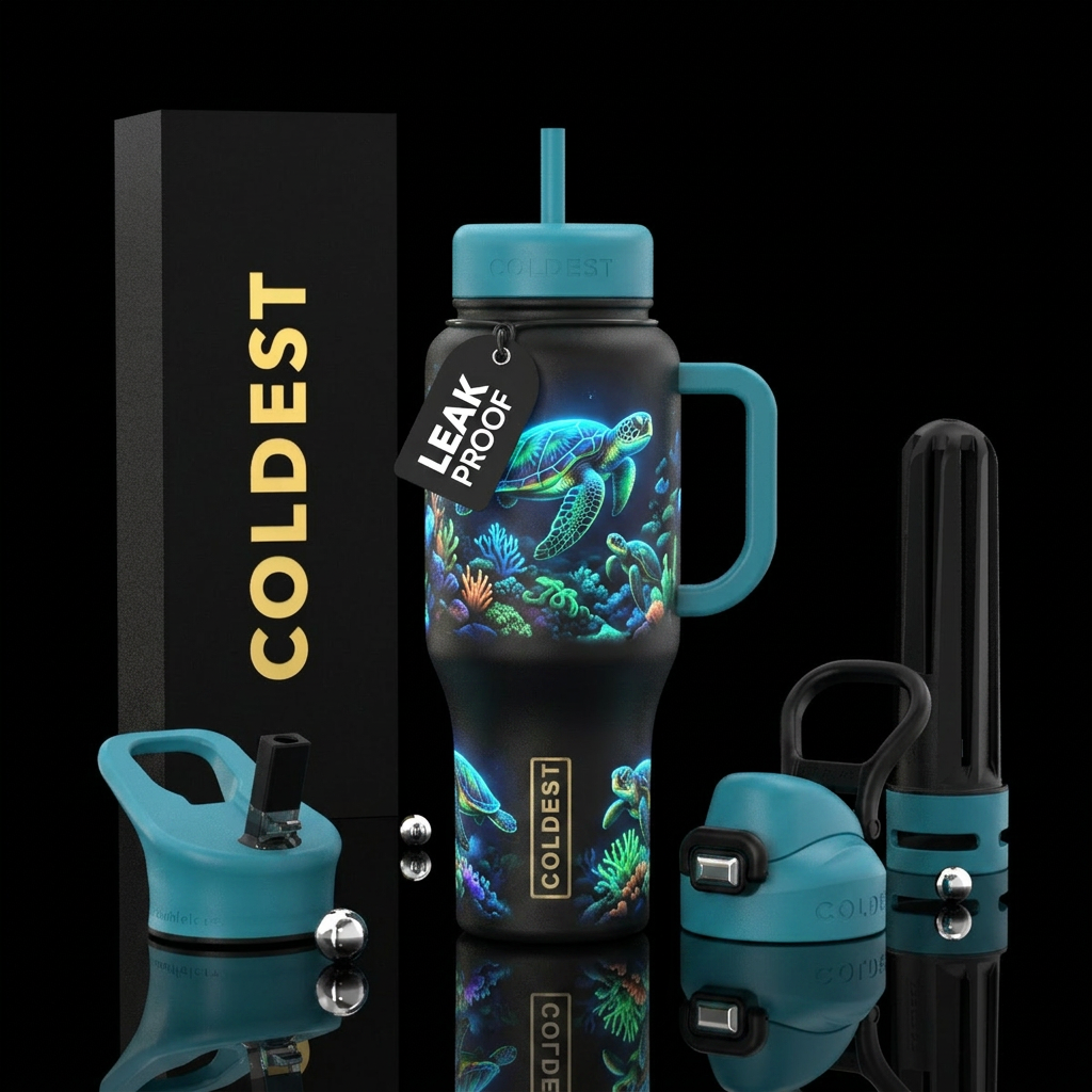 Glowy sea turtles along the reef water bottle design