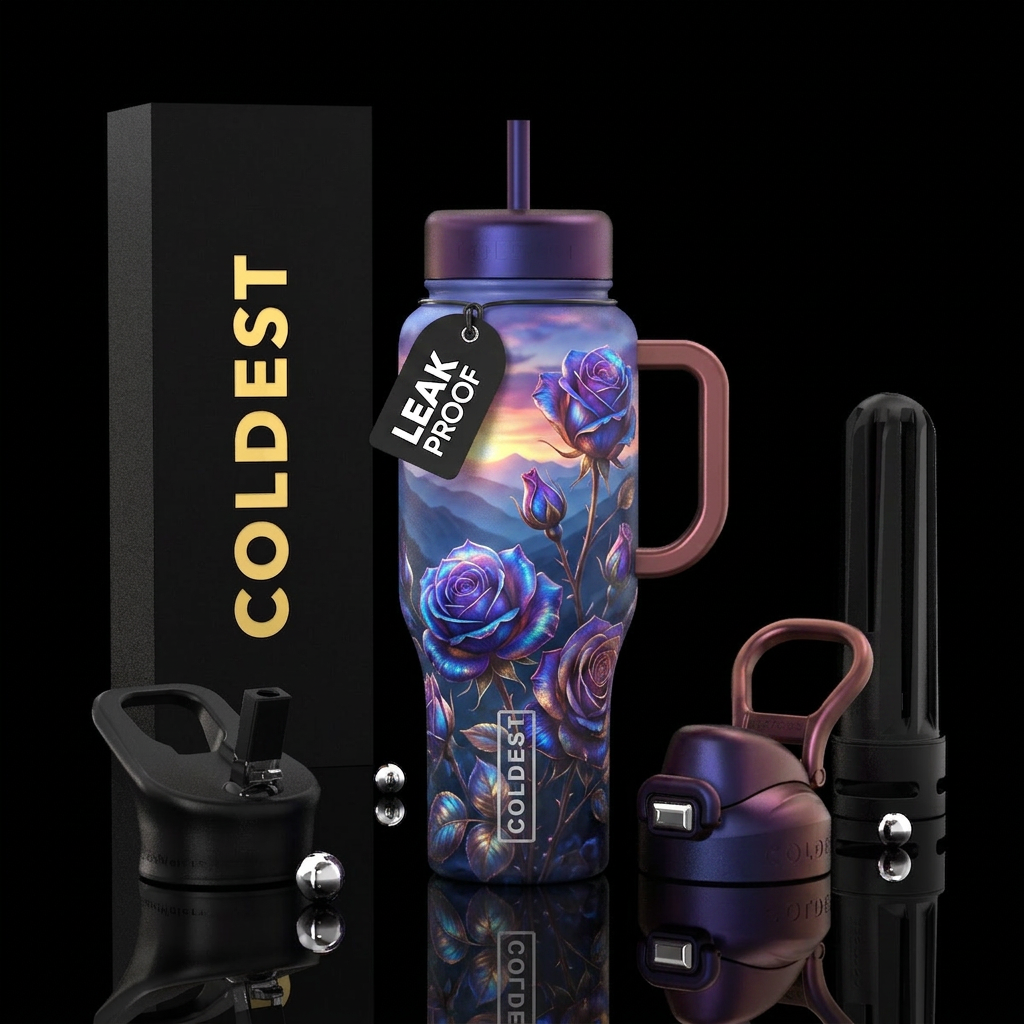 Glowing iridescent roses at dusk in the mountains water bottle design