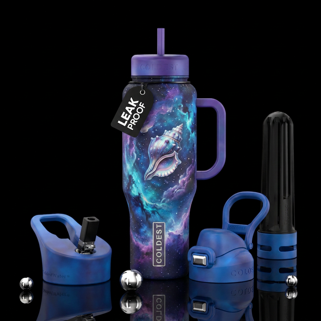 Midnight Seashell within a swirling nebula water bottle design