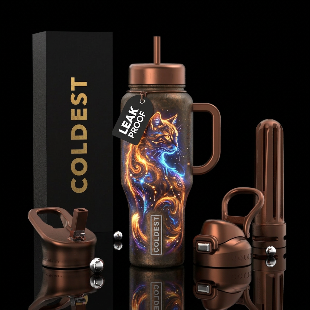 firery, cat, whimsical, glowie, old water bottle design