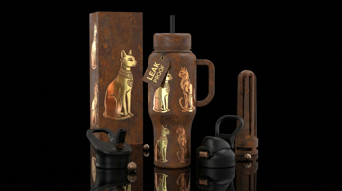 rust, shiny, beautiul, old, matte, cat, classical water bottle design