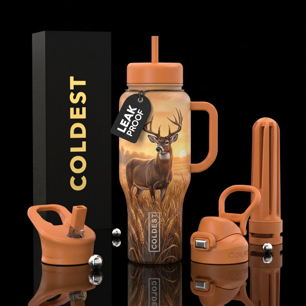 A buck whitetail deer standing in the middle of a ... water bottle design