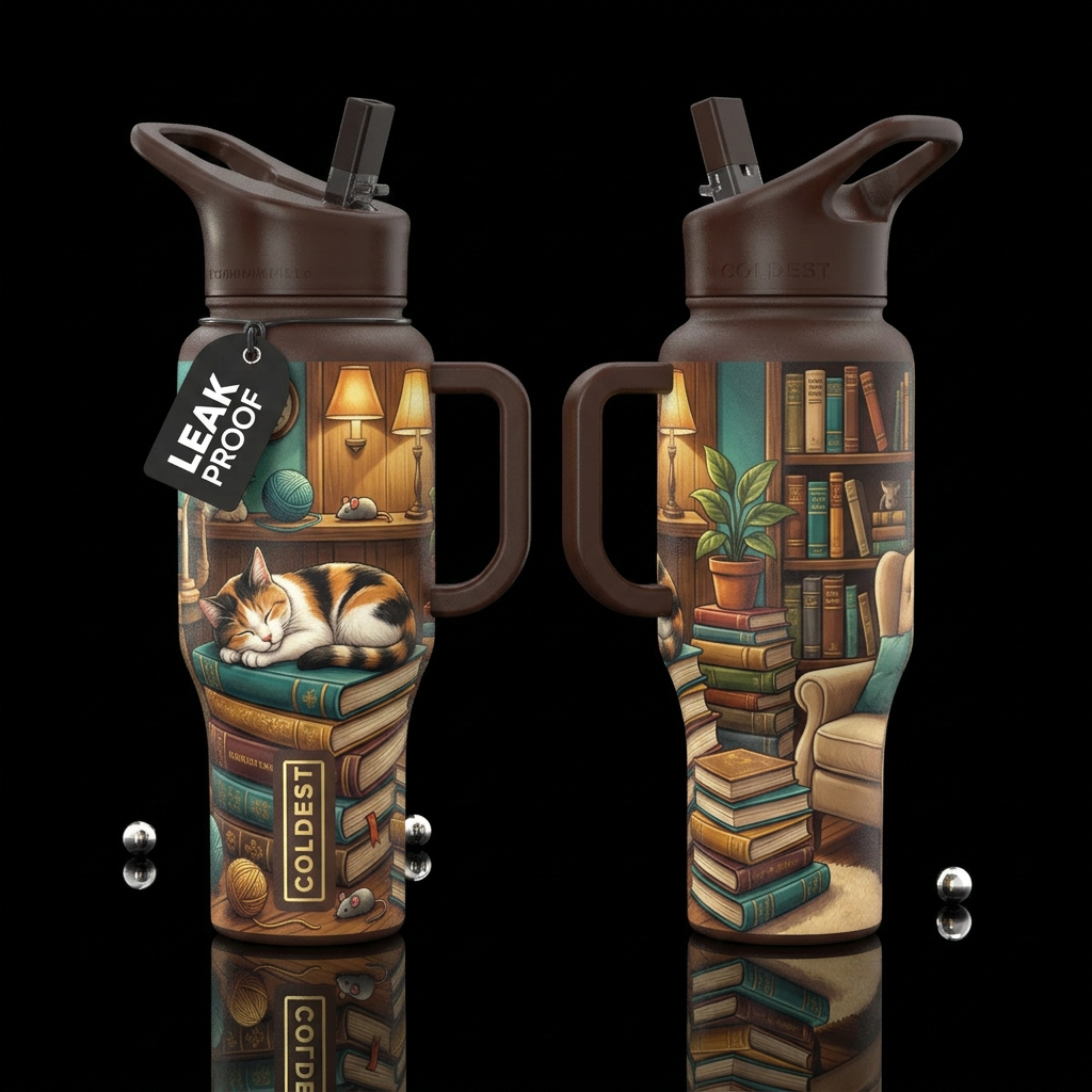 Please show front and back of a bottle with Cat sl... water bottle design