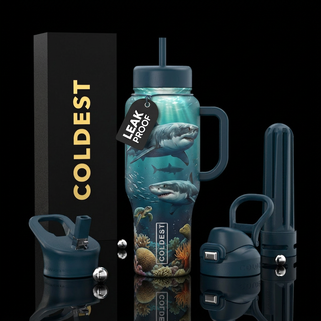 The Alpha: A massive great white glides across the... water bottle design
