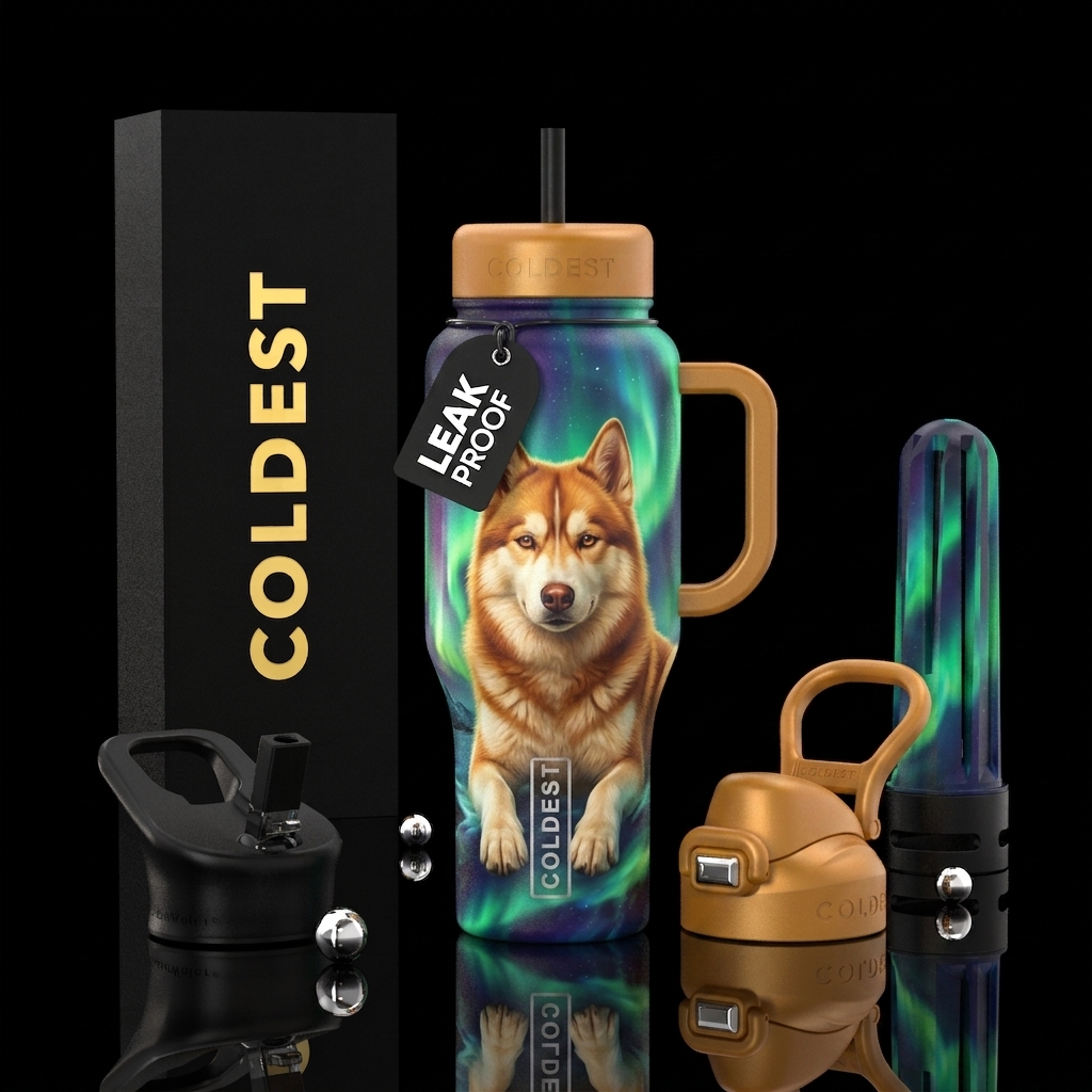 Aurora borealis and ginger husky water bottle design
